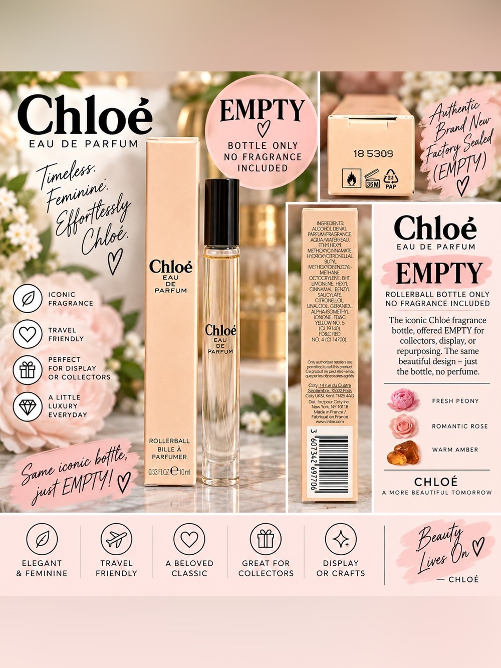Chloé Eau de Parfum Rollerball 0.33 oz 10mL EMPTY Bottle Collectible